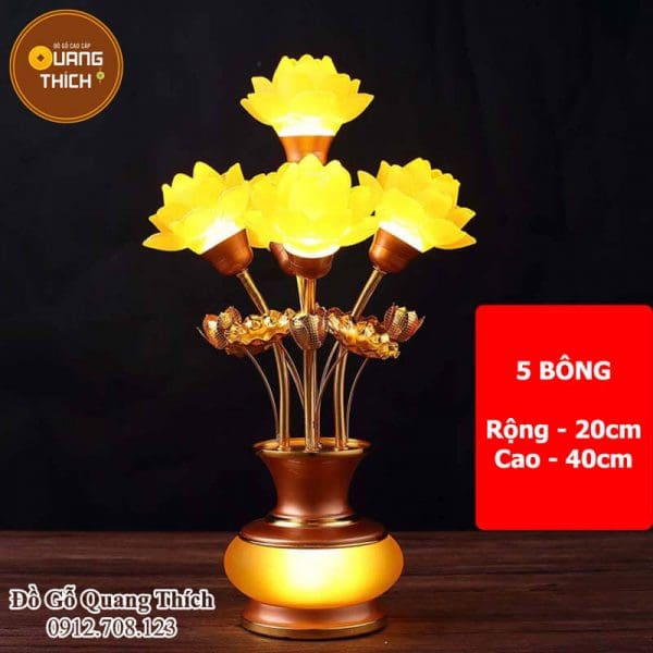 Đèn Thờ Hoa Sen Lưu Ly 5 Bông Thân Đồng Cao Cấp