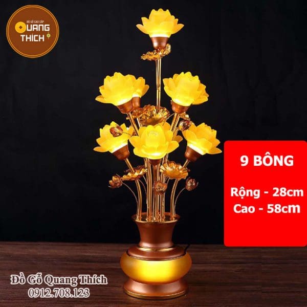 Đèn Thờ Hoa Sen Lưu Ly 9 Bông Thân Đồng Cao Cấp